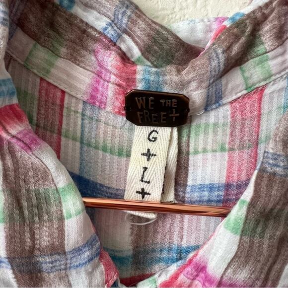 Free People We The Free No Limits Top pink blue plaid Button Up Button Back - Picture 3 of 5